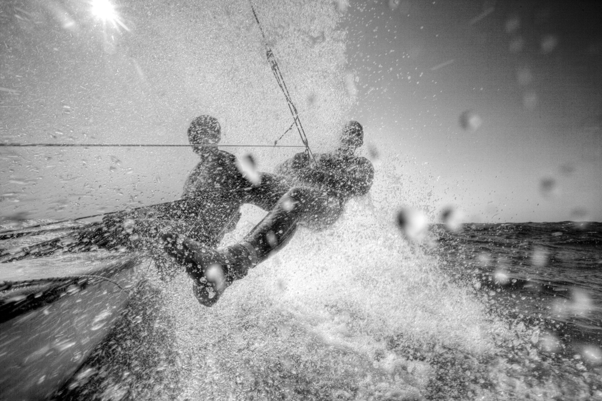 470 pair Ingrid Petitjean and Nadege Douroux training in Marseille on a sunny and windy day.