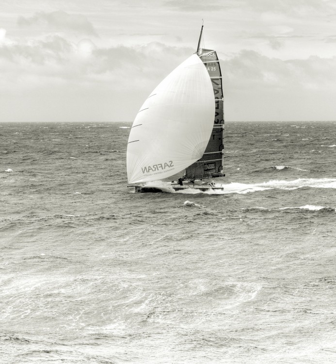 The Open 60 Safran in preparation for the Transat Jacques Vabre 2011, skipper Marc Guillemot co/skipper Yann Eliés, Brittany, France.