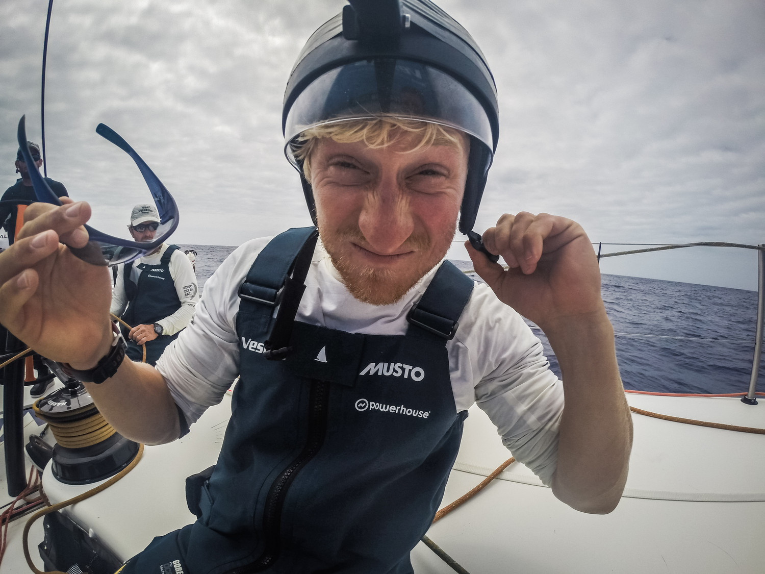 Peter Popp Wibroe tries the Go Pro helmet out. Day 18 at Sea.