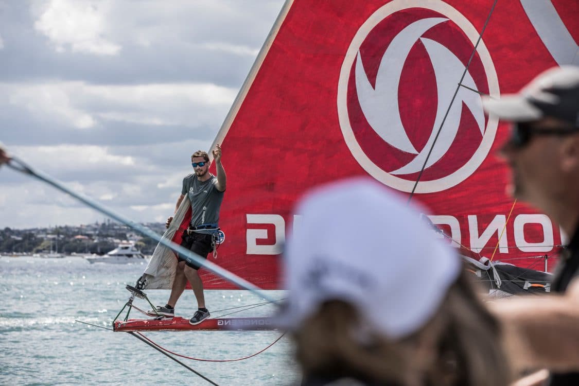 Bowman,Detail,Commercial,New Zealand,Bowsprit,Auckland,Practice Race,Dongfeng,NORTH SAILS,Jack Bouttell,art,2017-18,Artistic,Under 30,port, host city, NZ,Team Sun Hung Kai/Scallywag,Race Suppliers,Kind of picture