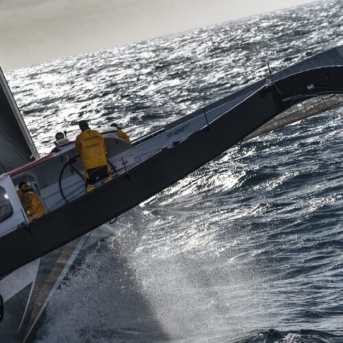 OUESSANT, FRANCE, JANUARY 16th 2019: Spindrift racing at the start of the Jules Verne Trophy.